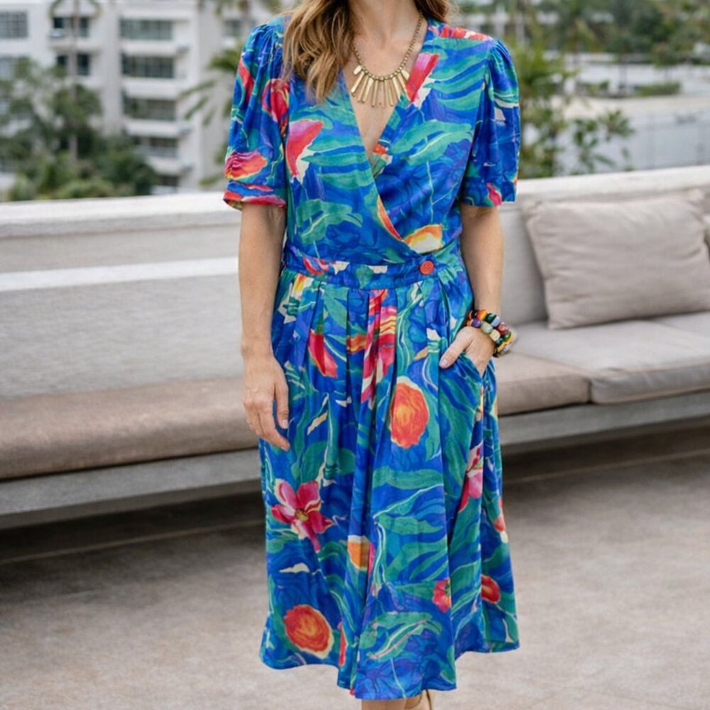 90s Vintage VLP Petites Floral Puff Sleeve Pleated Mini Dress Size M-L